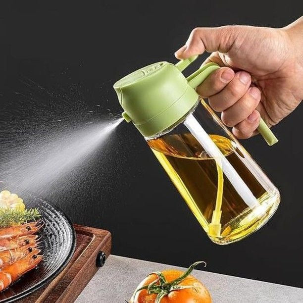 2-in-1 Oil Spray Bottle | Adjustable Mist & Dispenser | 470ml Leak-Proof Glass Container | For Cooking, BBQ, Baking & Air Fryer 380ml (Random Color)